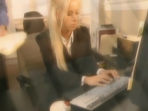 Busty blonde secretary fucking in stockings and garter gelt at the office