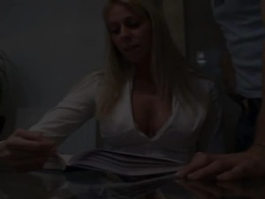 Horny blonde secretary giving nice blowjob