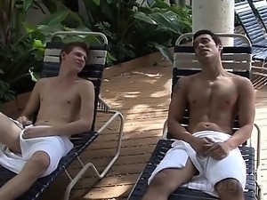 Cum Pig Evan finds to hung jocks hanging out by the pool.