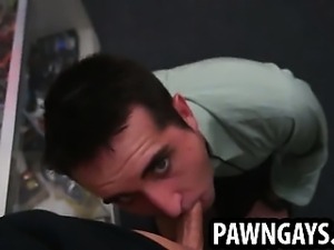 Amateur stud sucking on a cock at the pawn shop
