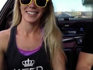 Blonde babe pawns her car and pussy