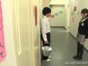 Sayuki Kanno gets a facial after blowing a classmate in the hallway