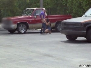 Selena Santana blowing big cock on a parking lot