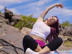 redhead yoga guru sucks and rides a hard cock outdoors
