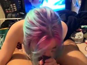 Playful amateur teen with lovely boobs sucks a dick in POV