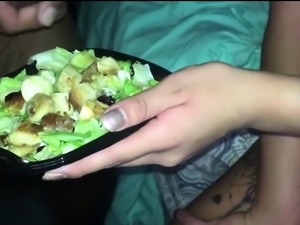 Kinky babe eating her salad with a good dose of fresh cum