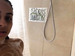 Big breasted Latina fingers her aching pussy in the shower