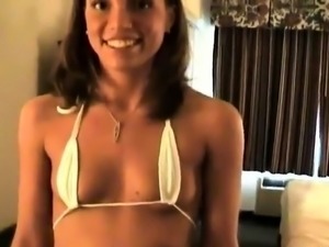 Slut Teen in white micro bikini outfit