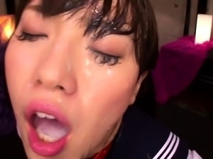 Buxom Oriental slut feeds her need for rough sex and bukkake