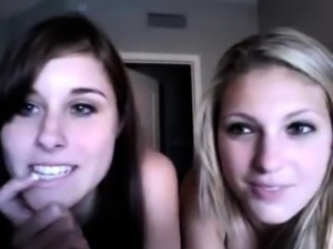 Blonde and busty brunette on webcam lesbian show