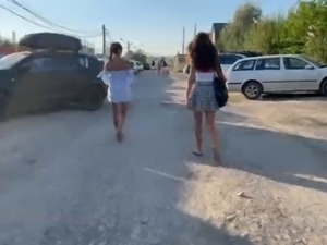 Two girls walk in public without panties and show pussies