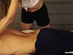 Masseuse uses her gentle hands to oil and stroke cock till cumshot