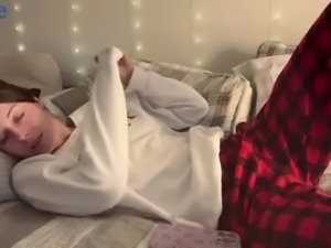 Cute redhead toys her honeypot whilst her stepbro watches her moan