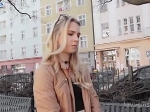 Hot young blonde gets horny masturbating and calls a stacked man to pound her...